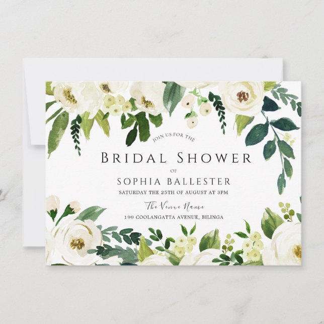 Invitación Hermosa Y Elegante Ducha Bridal Floral Blanca (Anverso)