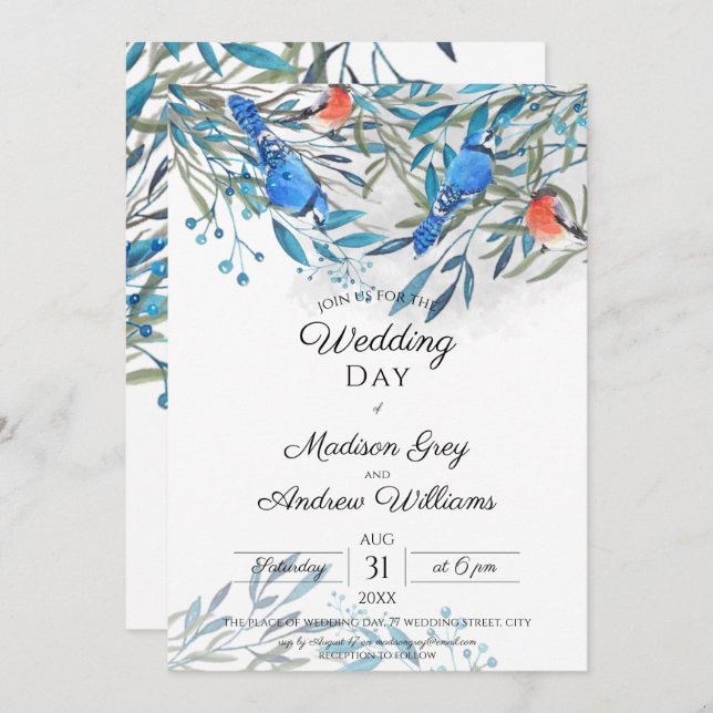Invitación Hermosas aves acuarelas y boda de follaje (Anverso / Reverso)