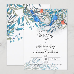 Invitación Hermosas aves acuarelas y boda de follaje