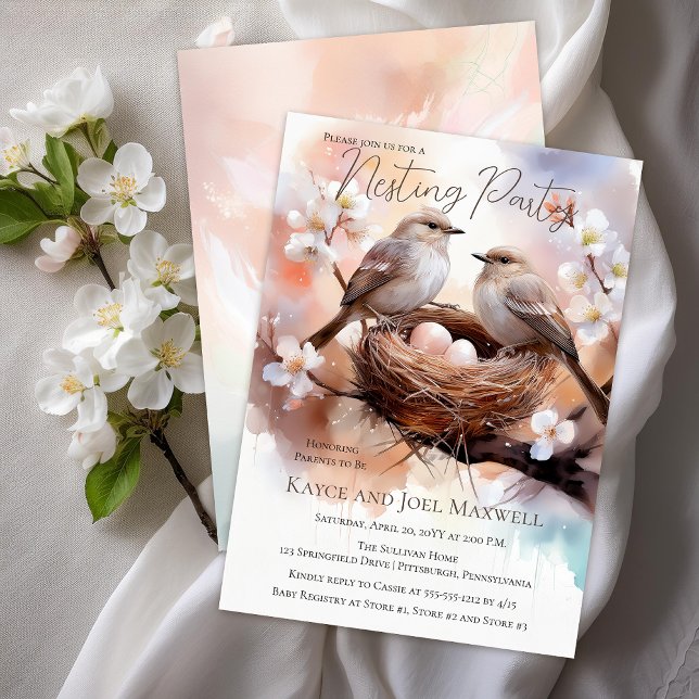 Invitación Hermosas aves que anidan Fiestas gemelos Baby Show (Beautiful Birds In Nest Twins Nesting Party Gender Neutral Baby Shower Invitation - Print | Download)