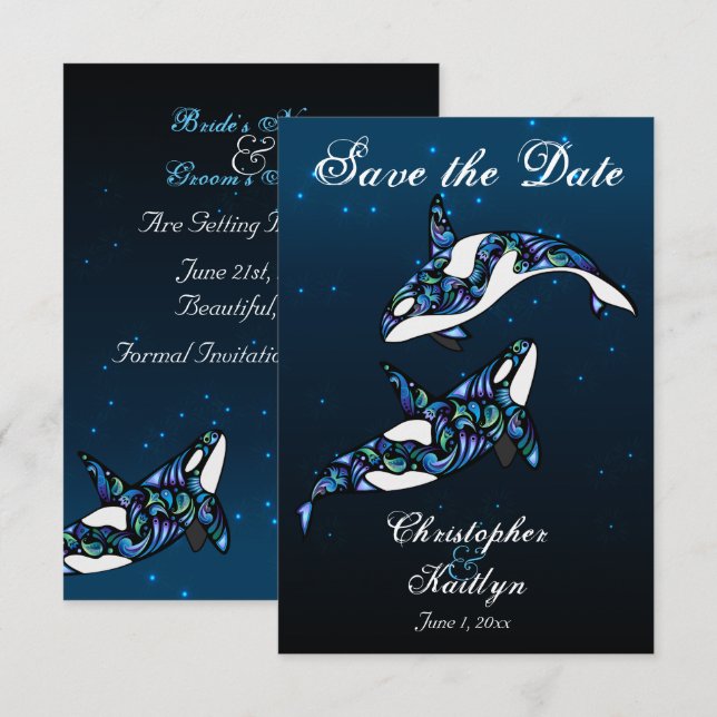 Invitación Hermosas ballenas orcas en la playa boda Save the  (Anverso / Reverso)