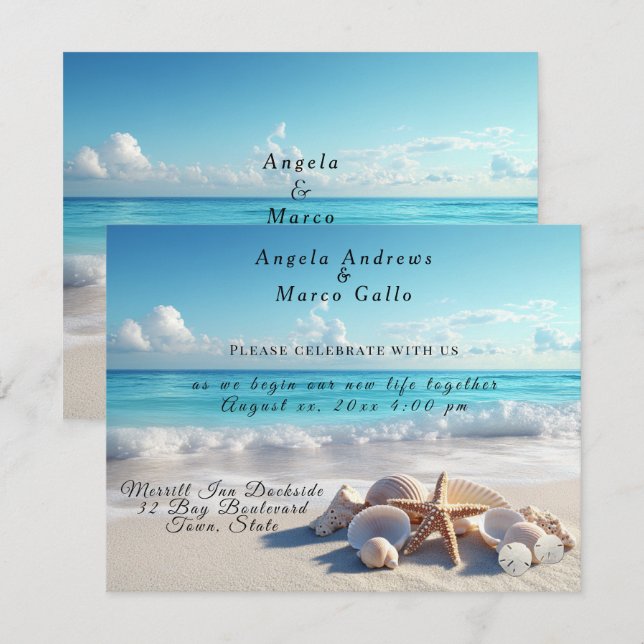 Invitación Hermosas Conchas Estrella de Mar Playa Boda  (Anverso / Reverso)