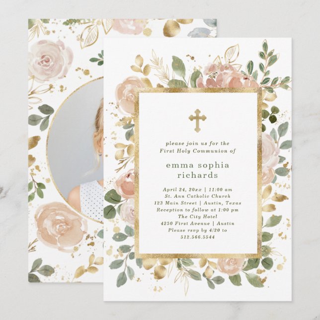 Invitación Hermosas Florales Neutrales | Primera comunión de  (Anverso / Reverso)