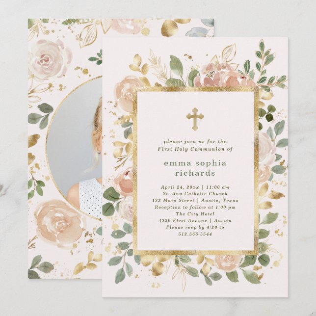 Invitación Hermosas Florales Neutrales | Primera comunión de  (Anverso / Reverso)