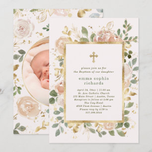 Invitación Hermosas floreras neutras Foto Bautismo de regres