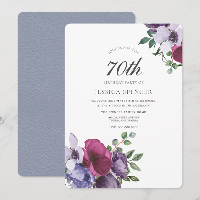 Invitación Hermosas flores acuarela fiesta de cumpleaños 70 (Anverso / Reverso)