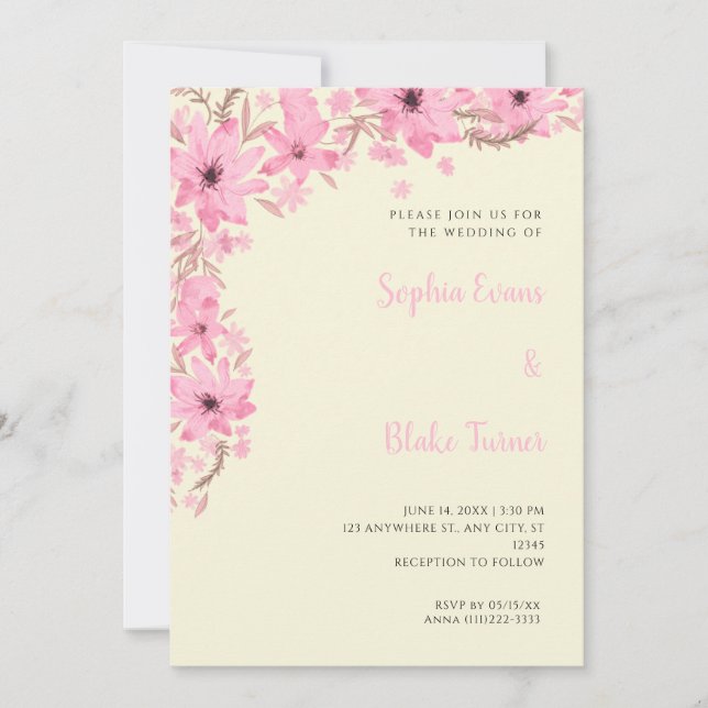 Invitación Hermosas Flores Amarillas Románticas Bodas Suaves  (Anverso)