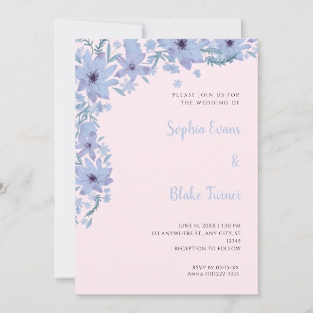 Invitación Hermosas Flores Azules Bodas Románticas de Rosa Su (Anverso)