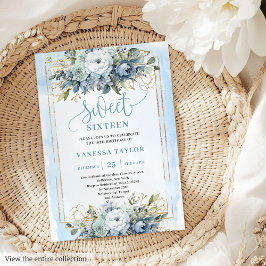 Invitación Hermosas flores azules de oro blanco dulce 16