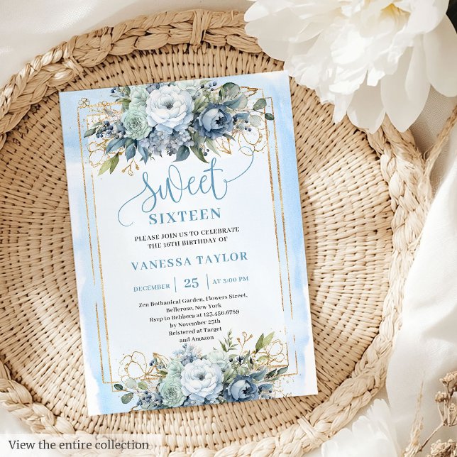Invitación Hermosas flores azules de oro blanco dulce 16 (Beautiful Dusty Blue White Gold Flowers Sweet 16 Invitation)