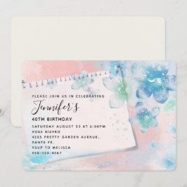 Invitación Hermosas Flores Azules en Cumpleaños de Fondo Rosa