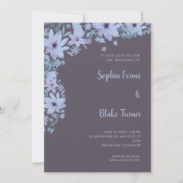 Invitación Hermosas Flores Azules Fumadas Grises Románticas B (Anverso)