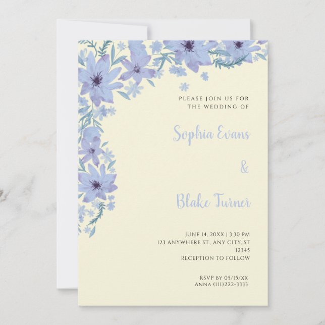 Invitación Hermosas Flores Azules Románticas Bodas Suaves Ama (Anverso)