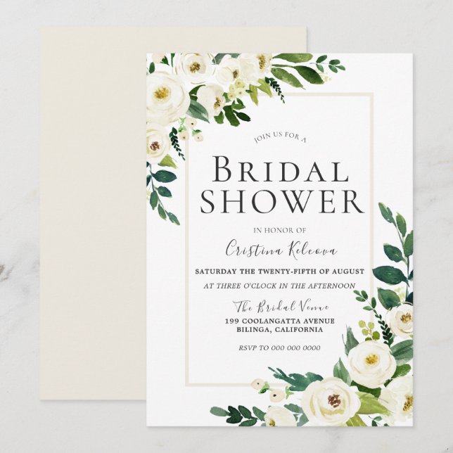 Invitación Hermosas Flores Blancas Con Ducha De Marcos (Anverso / Reverso)