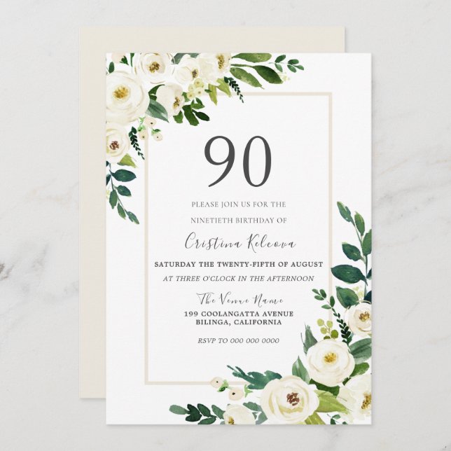 Invitación Hermosas flores blancas con marco 90 cumpleaños (Anverso / Reverso)