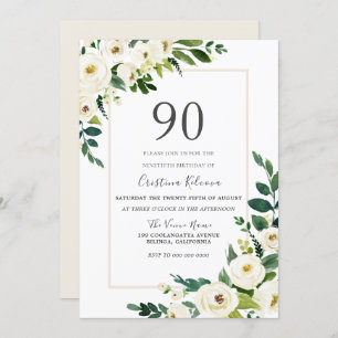 Invitación Hermosas flores blancas con marco 90 cumpleaños