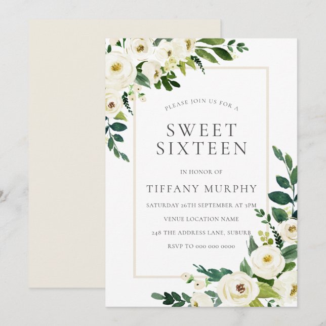 Invitación Hermosas flores blancas dulces 16 Fiestas (Anverso / Reverso)