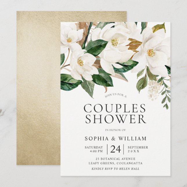 Invitación Hermosas Flores Blancas Elegantes Ducha Parejas (Anverso / Reverso)