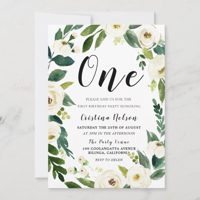 Invitación Hermosas Flores Blancas Foto de vuelta al primer c (Anverso)