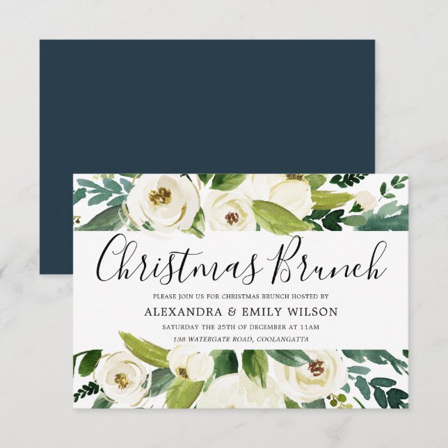 Invitación Hermosas flores blancas Navidades Fiesta Brunch (Anverso / Reverso)