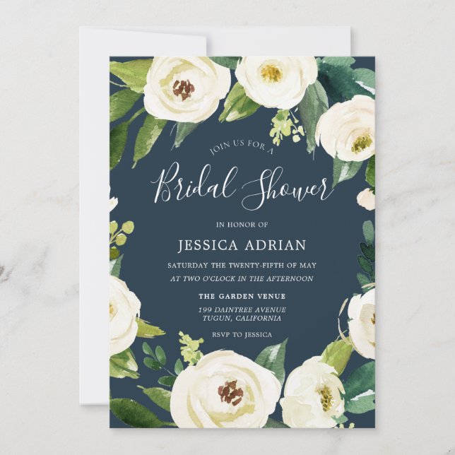 Invitación Hermosas flores blancas verde ducha de novia (Anverso)
