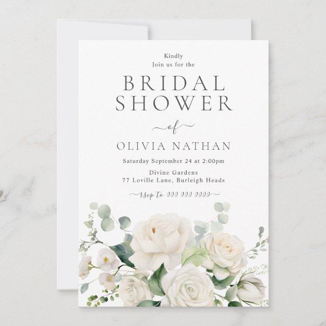 Invitación Hermosas flores blancas y ducha de novia sabia (Anverso)