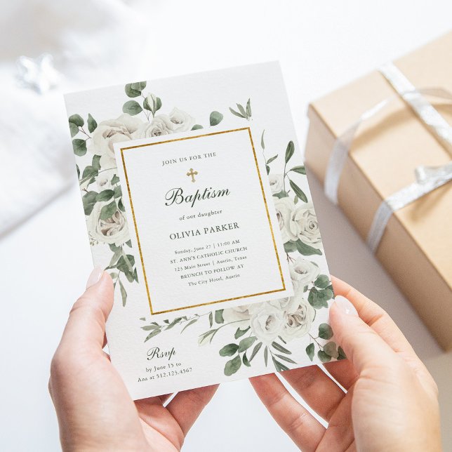 Invitación Hermosas flores blancas y oro | Bautismo (Subido por el creador)