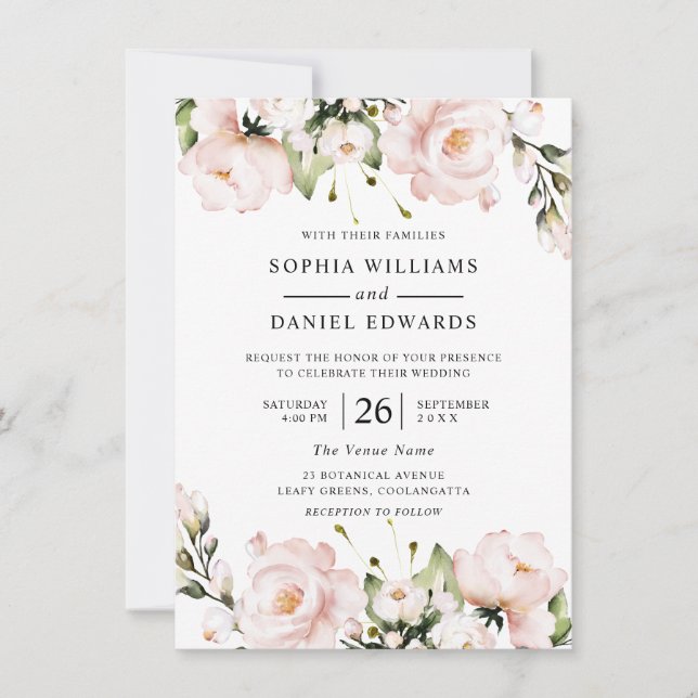 Invitación Hermosas Flores de Acuarela Elegante Boda (Anverso)