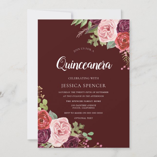 Invitación Hermosas flores de Borgoña Invitan a Quinceanera (Anverso)