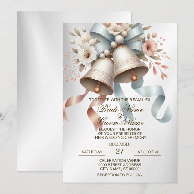 Invitación Hermosas flores de casamiento de las campanas rosa (Anverso / Reverso)