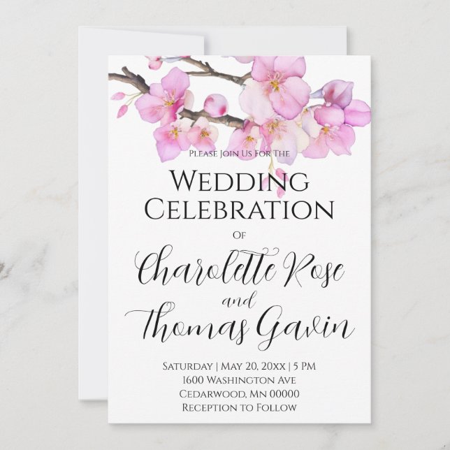 Invitación Hermosas flores de cerezo color agua rosa boda (Anverso)