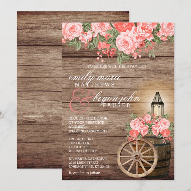 Invitación Hermosas flores de coral y barril de madera templa (Anverso / Reverso)