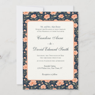 Invitación Hermosas flores de durazno en azul marino