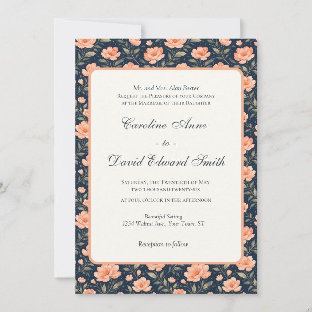 Invitación Hermosas flores de durazno en azul marino (Anverso)
