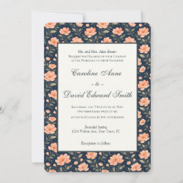 Invitación Hermosas flores de durazno en azul marino