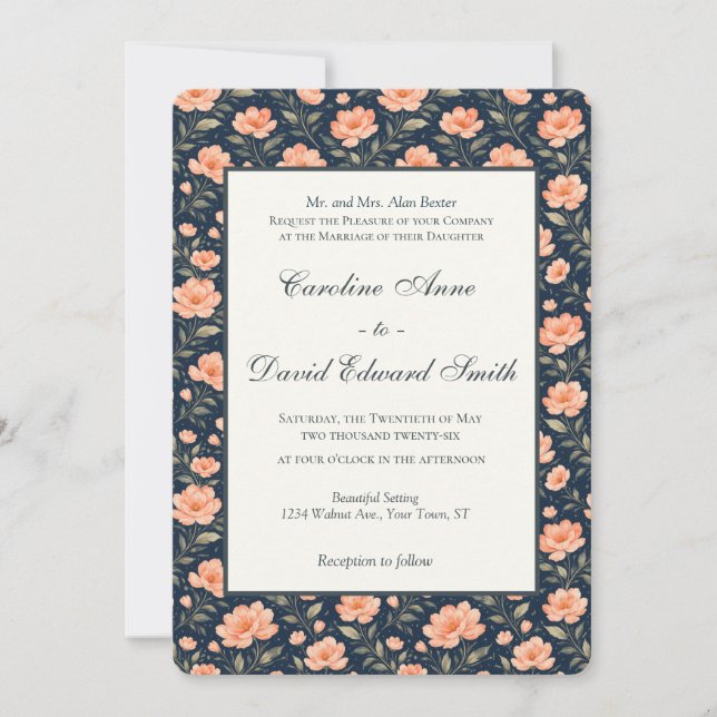 Invitación Hermosas flores de durazno en azul marino (Anverso)