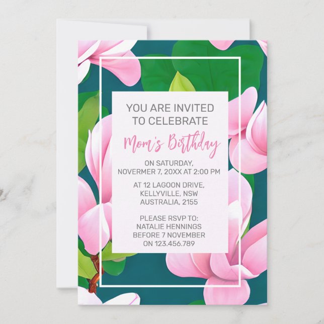 Invitación Hermosas flores de magnolia rosada (Anverso)