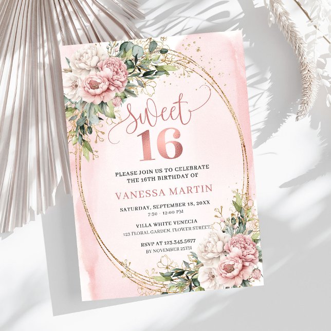 Invitación Hermosas Flores de Oro Rosa Eucalipto Cumpleaños 1 (Lovely Rose Gold Flowers Eucalyptus 16th Birthday Invitation

)