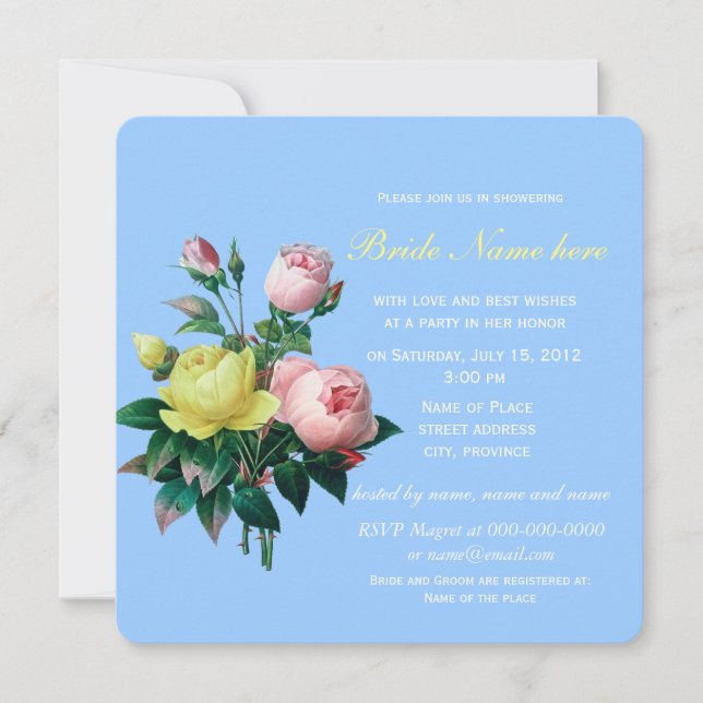 Invitación hermosas flores de rosa rosadas y amarillas para b (Anverso)