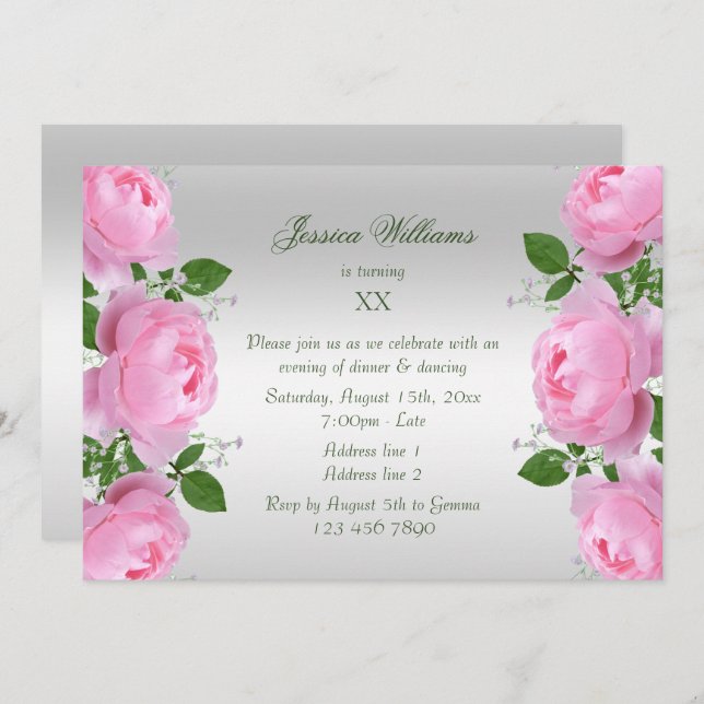 Invitación Hermosas flores de rosas rosadas clásicas cumpleañ (Anverso / Reverso)