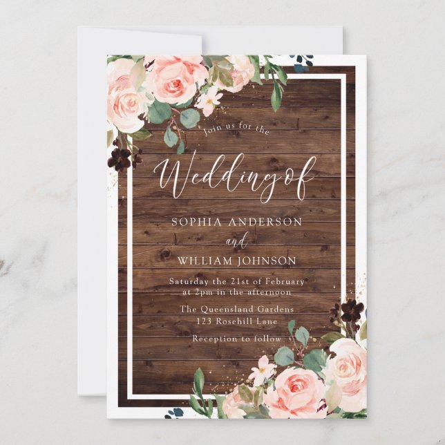 Invitación Hermosas flores de Rubor y Boda de madera rústica (Anverso)