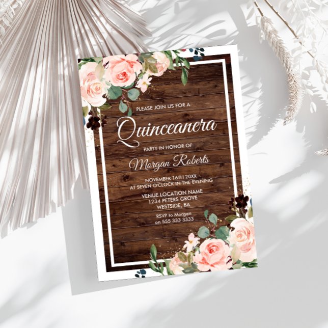 Invitación Hermosas flores de Rubor y quinceanera de madera r (Subido por el creador)