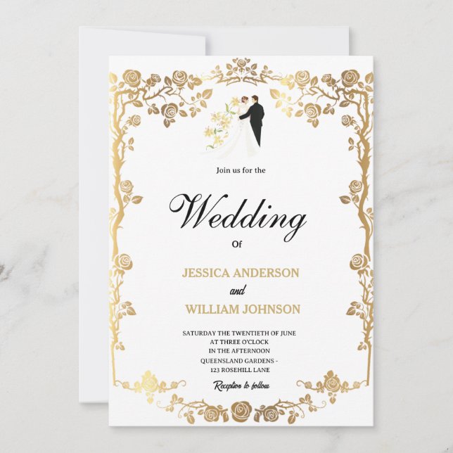 Invitación Hermosas flores doradas decoraron la boda  (Anverso)