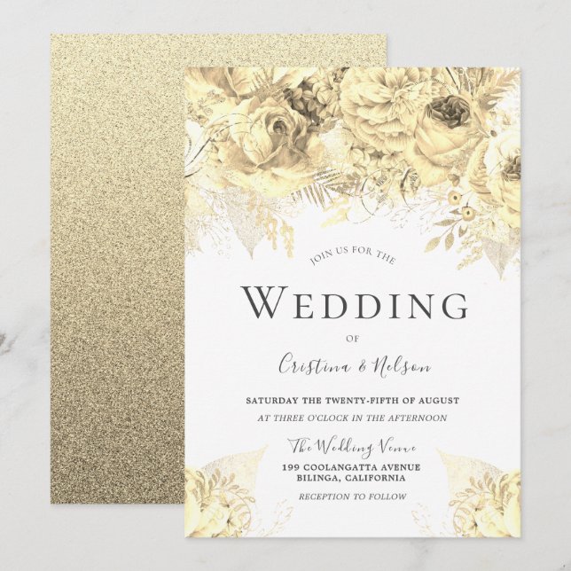 Invitación Hermosas flores doradas Elegante matrimonio (Anverso / Reverso)