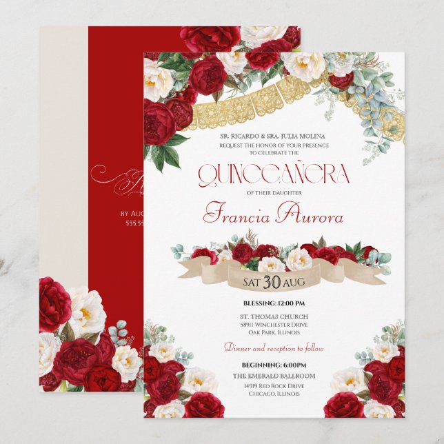 Invitación Hermosas flores florecen el Quinceanera rojo y bla (Anverso / Reverso)