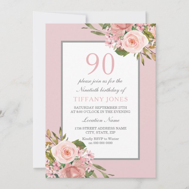Invitación Hermosas flores invitan a fiesta de cumpleaños 90  (Anverso)