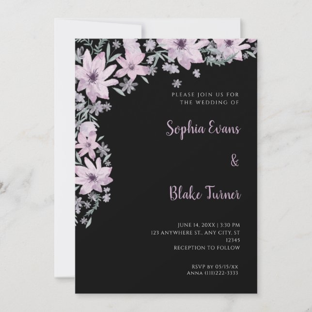 Invitación Hermosas Flores Moradas Boda Negra Romántica (Anverso)