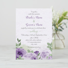 Invitación hermosas flores moradas hojas verdes boda
