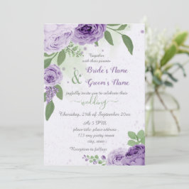 Invitación hermosas flores moradas hojas verdes boda