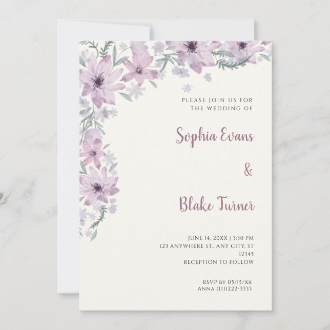 Invitación Hermosas Flores Purpúreas Blancas Románticas Bodas (Anverso)
